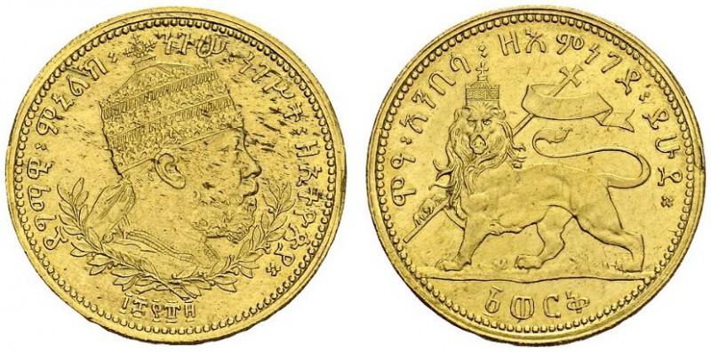 ETHIOPIA. 
 Menelik II, 1889-1913. Werk 1897. KM 16; Fr. 22. AU. 8.19 g.
 AU c...