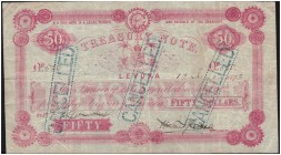 FIJI. 
 Treasury of Fiji. 50 Dollars 12 june 1873 (handwritted date). Cancelled. Blue overprint ''CANCELLED'' three times on face. Pick 18. Rare.
 F
