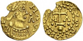 FRANCE. Mérovingiens. 
 Childebert III, 656-662. Tiers de sou d'or, Marseille (Bo uches-du-Rhô ne). Av. MAS[ILIA]. Tête à droite, lettre A devant. Rv...