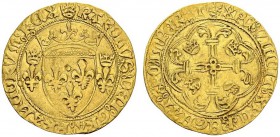 FRANCE. 
 Charles VII, 1380-1422. Ecu d'or au soleil (5ème émission, 2 novembre 1411) Point 19ème, Saint-Lô. Dup. 369D; Ciani 489. AU. 3.33 g.
 TTB...
