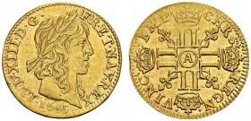 FRANCE. 
 Louis XIII, 1610-1643. 1/2 Louis d'or à la mèche courte 1643 A, Paris. Gad. 57. AU. 3.37 g.
 AU cleaned