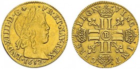 FRANCE. 
 Louis XIV, 1643-1715. Louis d'or à la mèche longue 1652 B, Rouen. Gad. 245. AU. 6.73 g.
 ex. Vente Argenor 14 avril 2000, lot 341. 
 SUP ...