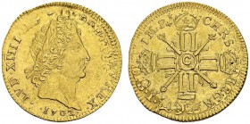 FRANCE. 
 Louis XIV, 1643-1715. Louis d'or aux 8 L et insignes 1702 C, Saint-Lô. Flan réformé. Gad. 253. AU. 6.68 g.
 TTB