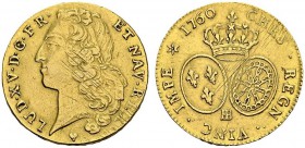 FRANCE. 
 Louis XV, 1715-1774. Double Louis d'or au bandeau 1760 BB, Strasbourg. Gad. 346. AU. 15.30 g.
 SUP nettoyé