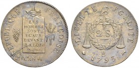 FRANCE. 
 Convention, 1792-1795. 2 Sols aux balances 1793 B, Rouen. Refrappé sur un Monneron de 2 Sols. Gad. 31a. CU. 17.95 g.
 SUP