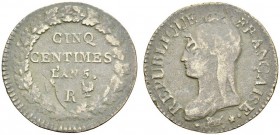FRANCE. 
 Directoire, 1795-1799. 5 Centimes AN 5 R, Orléans. Refrappe du Décime. Gad. 125; F. 114. CU. 9.07 g.
 TB