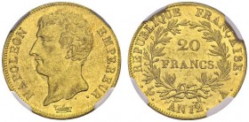 FRANCE. 
 Consulat, 1799-1804. 20 Francs An 12 (1803) A, Paris. Gad. 1020; F. 510. AU. 6.45 g.
 NGC MS 61