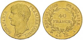 FRANCE. 
 Consulat, 1799-1804. 40 Francs An 12 (1803) A, Paris. Gad.1080; F. 536. AU. 12.87 g.
 SUP nettoyé