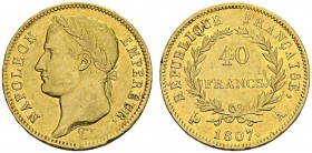 FRANCE. 
 Napoléon I, 1804-1814. 40 Francs 1807 A, Paris. Tête laurée. Gad. 1083; F. 540. AU. 12.86 g. 5572 ex. RR
 SUP