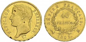 FRANCE. 
 Napoléon I, 1804-1814. 40 Francs 1809 M, Toulouse. Gad. 1084; F. 541. AU. 12.87 g. 1402 ex. RR
 SUP petits défauts de métal