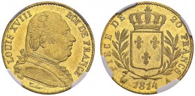 FRANCE. 
 Louis XVIII, 1814-1824. 20 Francs 1814 A, Paris. Gad. 1026; F. 517. AU. 6.44 g.
 NGC MS 62