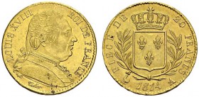 FRANCE. 
 Louis XVIII, 1814-1824. 20 Francs 1814 A, Paris. Gad. 1026; F. 517. AU. 6.45 g.
 SUP-FDC