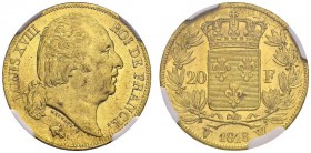 FRANCE. 
 Louis XVIII, 1814-1824. 20 Francs 1818 W, Lille. Gad. 1028; F. 519. AU. 6.44 g.
 NGC MS 63