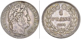 FRANCE. 
 Louis-Philippe I, 1830-1848. 1 Franc 1845 B, Rouen. Gad. 453; F. 210. AR. 5.00 g.
 FDC