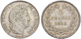 FRANCE. 
 Louis-Philippe I, 1830-1848. 5 Francs 1833 B, Rouen. Gad. 678; F. 324. AR. 25.05 g.
 SUP+