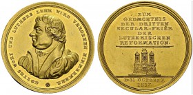 GERMANY. Hamburg. 
 Free city, 1510-. Gold medal (10 Ducats) 1817. 300th anniversary of Refomation. Obv. GOTTES WORT UND LUTHERS LEHR WIRD VERGEHEN N...