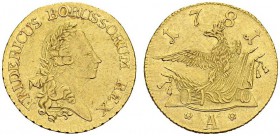 GERMANY. Prussia. 
 Friedrich II, 1740-1786. Friedrichs d'or 1781 A, Berlin. Fr. 2411; Kluge 112.7; Old. 435. AU. 6.64 g.
 XF+