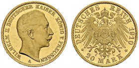 GERMANY. Prussia. 
 Wilhelm II, 1888-1918. 20 Mark 1910 A, Berlin. KM 521; Fr. 3831; J. 252. AU. 7.96 g.
 UNC PROOF