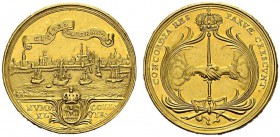 GERMANY. Saxony. 
 Friedrich August II, 1733-1763. Gold medal 1740. Emden city. Obv. CIVITAS EMBDENSIS / NVMM COLL XL VIR. Port view. Rev. CONCORDIA ...