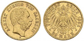 GERMANY. Saxony. 
 Albert, 1873-1902. 20 Mark 1894 E, Muldenhutten. KM 1248; Fr. 3842. AU. 7,95 g.
 Nice AU