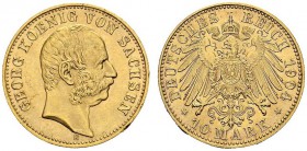 GERMANY. Saxony. 
 Georg, 1902-1904. 10 Mark 1904 E, Muldenhutten. KM 1259; Fr. 3847. AU. 3.98 g.
 Nice UNC