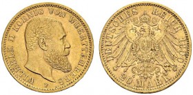 GERMANY. Württemberg. 
 Wilhelm II, 1891-1918. 20 Mark 1900 F, Stuttgart. KM 634. AU. 7,95 g.
 UNC