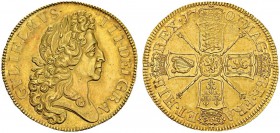 GREAT BRITAIN. 
 William III, 1694-1702. 5 Guinea 1701. Obv. GVLIELMVS III DEI GRA. Bust right. Rev. MAG BR FRA ET HIB REX 1701. Crowned shields cruc...