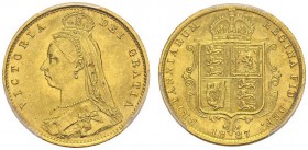 GREAT BRITAIN. 
 Victoria, 1837-1901. 1/2 Sovereign 1887. Spink 3869; KM 766. AU. 3.99 g.
 PCGS MS 64