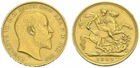 GREAT BRITAIN. 
 Edward VII, 1901-1910. Sovereign 1902. Matte finish. Spink 3969; KM 805. AU. 7.98 g.
 UNC PROOF scratch