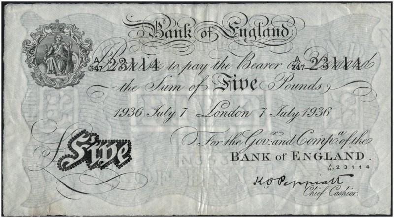 GREAT BRITAIN. 
 Bank of England. 5 Pounds, 1936 July 7 London. Pick 335a.
 VF