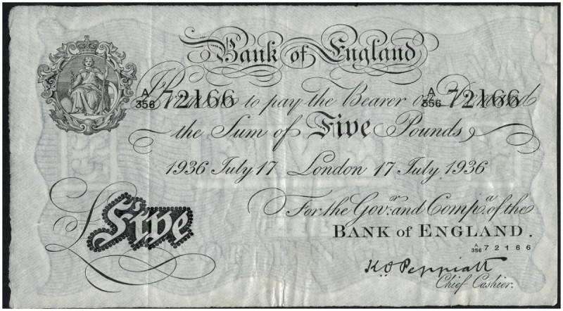 GREAT BRITAIN. 
 Bank of England. 5 Pounds, 1936 July 17, London. Pick 335a.
 ...