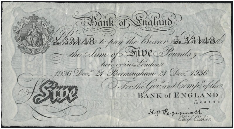 GREAT BRITAIN. 
 Bank of England. 5 Pounds, 1936 Dec 21, Birmingham. Pick 335e....