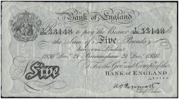 GREAT BRITAIN. 
 Bank of England. 5 Pounds, 1936 Dec 21, Birmingham. Pick 335e.
 VF