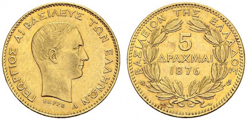 GREECE.
George I, 1863-1913. 5 Drachm 1876 A, Paris. KM 47; Fr. 17. AU. 1.59 g....