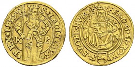HUNGARY. 
 Ferdinand I, 1526-1564. Ducat 1529 KB, Kremnitz. Fr. 48. AU. 3.52 g.
 AU