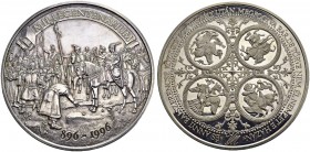 HUNGARY. 
 Third Republic, 1989-. Silver Medal 1996 by Bognar. 1100th anniversary of the foundation of Hungary. Number 0001 on rim. AR. 987.06 g.
 P...