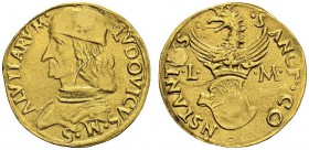 ITALY. Carmagnola. 
 Ludovico II di Saluzzo, 1475-1504. Ducato ND. Obv. LVDOVICVS M S ALVTIARVM. Bust left. Rev. SANCT CONSTANTIVS / LM. Heraldic hel...
