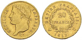 ITALY. Torino. 
 Napoleone I, 1804-1814. 20 Francs 1812 U, Torino. Gad. 1025; KM 695.6; Fr. 515. AU. 6.43 g.
 AU