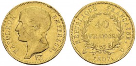 ITALY. Torino. 
 Napoleone I, 1804-1814. 40 Francs 1807 U, Torino. Obv. NAPOLEON EMPEREUR. Head left. Rev. REPUBLIQUE FRANCAISE. Value in wreath. Gad...