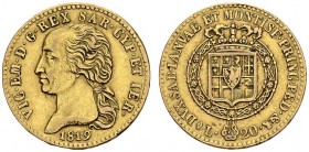ITALY. Sardegna. 
 Vittorio Emanuele I, 1802-1821. 20 Lire 1819 L, Torino. KM 95; Fr. 1129. AU. 6.43 g.
 AU