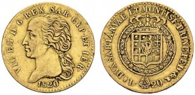ITALY. Sardegna. 
 Vittorio Emanuele I, 1802-1821. 20 Lire 1820 L, Torino. . KM 95; Fr. 1129. AU. 6.38 g.
 XF