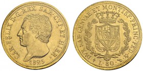 ITALY. Sardegna. 
 Carlo Felice, 1821-1831. 80 Lire 1825 L, Torino. KM 108.1; Fr. 1132. AU. 25.80 g. 14'000 ex.
 Nice AU