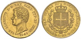 ITALY. Sardegna. 
 Carlo Alberto, 1831-1849. 20 Lire 1849 P, Genova. KM 115.1; Fr. 1143. AU. 6.45 g.
 PCGS MS 63