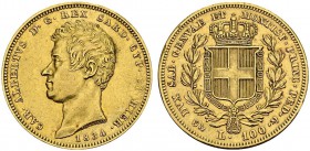 ITALY. Sardegna. 
 Carlo Alberto, 1831-1849. 100 Lire 1834 P, Genova. KM 117.1; Fr. 1139. AU. 32.20 g.
 XF