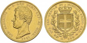 ITALY. Sardegna. 
 Carlo Alberto, 1831-1849. 100 Lire 1835 P, Torino. KM 117.2; Fr. 1138. AU. 32.22 g.
 Nice AU