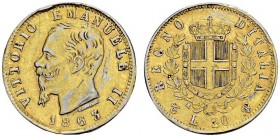ITALY 
 Vittorio Emanuele II, 1861-1878. 20 Lire 1863 T BN, Torino. Contemporary forgery in gilt platinum. cf. KM 10; cf. Fr. 11. AU. 6.16 g.
 XF sc...