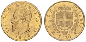 ITALY 
 Vittorio Emanuele II, 1861-1878. 20 Lire 1873 M BN, Milano. KM 10.3; Fr. 13. AU. 6.44 g.
 Rare in this quality. 
 PCGS MS 65