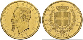 ITALY 
 Vittorio Emanuele II, 1861-1878. 100 Lire 1872 R, Roma. Obv. VITTORIO EMANUELE II. Head left. Rev. REGNO D'ITALIA. Crowned arms in wreath. KM...