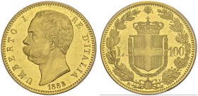 ITALY 
 Umberto I, 1878-1900. 100 Lire 1883 R, Roma. KM 22; Fr. 18. AU. 32.26 g. 4219 ex. Very rare in this quality. 
 PCGS MS 63