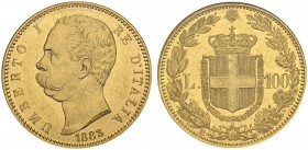 ITALY 
 Umberto I, 1878-1900. 100 Lire 1883 R, Roma. KM 22; Fr. 18. AU. 32.26 g. 4219 ex.
 NGC MS 62